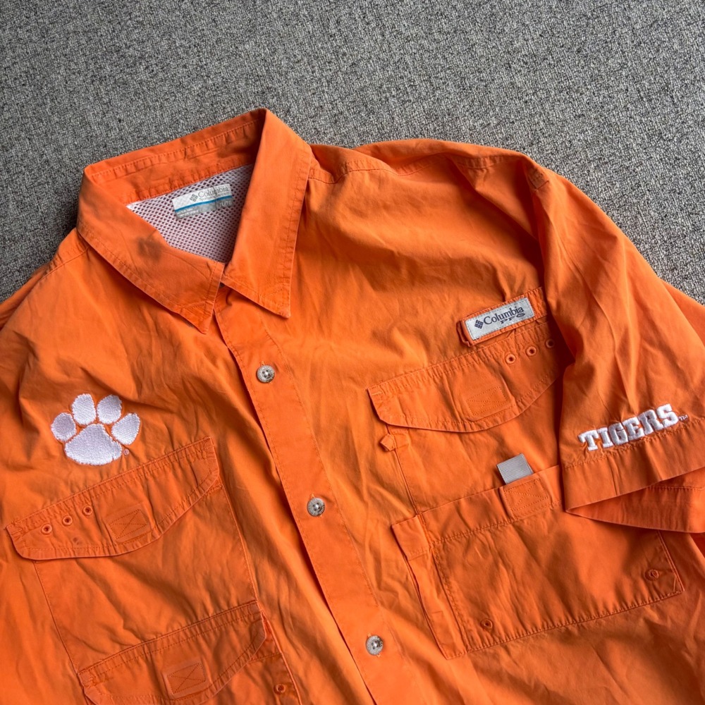 Columbia Fishing Shirt Mens XL Orange Clemson Tigers PFG‎ Short Sleeve Bahama II